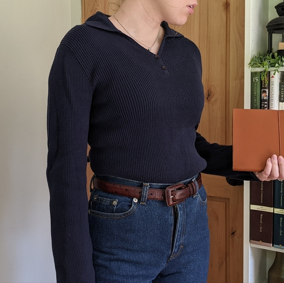 Vintage Navy Blue Top Button Collared Shirt - Picture 8 of 8